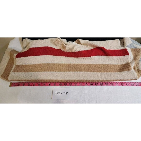 ANDTHEWHY WOMENS M/L BEIGE MULTICOLOR WIDE STRIPE SWEATER CHUNKY KNIT NAUTICAL - Picture 10 of 11